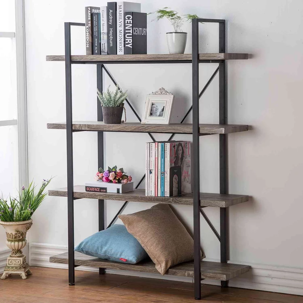 Top5ones Rustic-Bookcase-HSH-Furniture-4-Shelf-Vintage-Industrial-Bookshelf